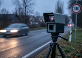 Mobiles Blitzer-Messgerät auf einem Stativ am Straßenrand einer Landstraße in der Dämmerung, im Hintergrund ein Verkehrsschild mit Tempolimit 100 und ein herannahendes Auto mit eingeschalteten Scheinwerfern.
