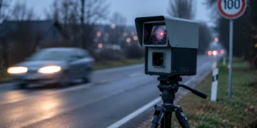 Mobiles Blitzer-Messgerät auf einem Stativ am Straßenrand einer Landstraße in der Dämmerung, im Hintergrund ein Verkehrsschild mit Tempolimit 100 und ein herannahendes Auto mit eingeschalteten Scheinwerfern.