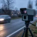 Mobiles Blitzer-Messgerät auf einem Stativ am Straßenrand einer Landstraße in der Dämmerung, im Hintergrund ein Verkehrsschild mit Tempolimit 100 und ein herannahendes Auto mit eingeschalteten Scheinwerfern.