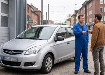 Kfz-Mechaniker übergibt einem Kunden vor einer Werkstatt die Autoschlüssel eines silbernen Hyundai.