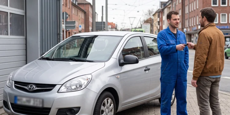 Kfz-Mechaniker übergibt einem Kunden vor einer Werkstatt die Autoschlüssel eines silbernen Hyundai.