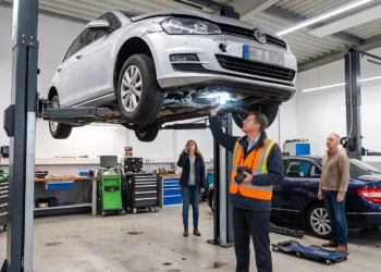 Sachverständiger in orangefarbener Warnweste untersucht mit einer Lampe die Unterseite eines auf der Hebebühne stehenden silbernen VW, während zwei weitere Personen zusehen.