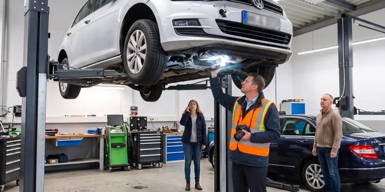 Sachverständiger in orangefarbener Warnweste untersucht mit einer Lampe die Unterseite eines auf der Hebebühne stehenden silbernen VW, während zwei weitere Personen zusehen.