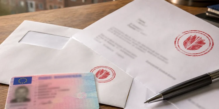 Führerschein liegt neben einem geöffneten Briefumschlag mit rotem Stempelaufdruck und einem amtlichen Schreiben auf einem Holztisch.