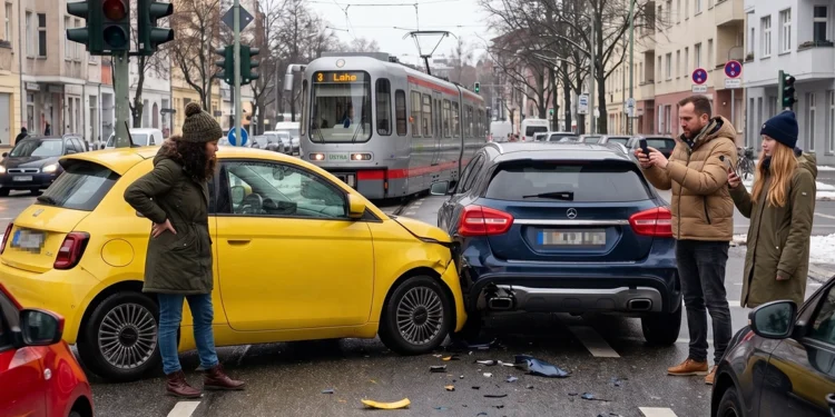 Frontalzusammenstoß zwischen einem gelben Kleinwagen und einem dunklen SUV an einer Straßenkreuzung, Beteiligte und Zeugen stehen daneben.