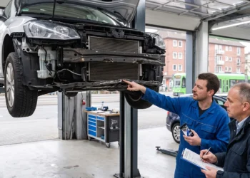 Kfz-Mechaniker zeigt einem Kunden in der Werkstatt die freiliegende Front eines auf der Hebebühne stehenden Fahrzeugs mit demontierter Stoßstange.