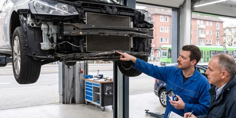 Kfz-Mechaniker zeigt einem Kunden in der Werkstatt die freiliegende Front eines auf der Hebebühne stehenden Fahrzeugs mit demontierter Stoßstange.