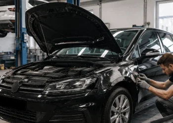 Kfz-Mechaniker poliert die beschädigte Seitenwand eines schwarzen VW mit geöffneter Motorhaube in einer Autowerkstatt.