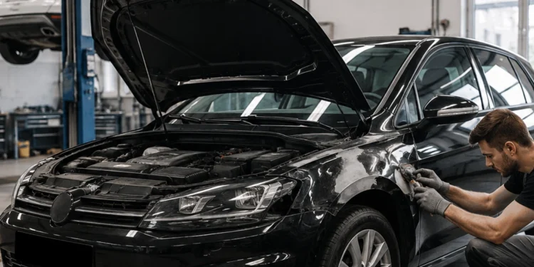 Kfz-Mechaniker poliert die beschädigte Seitenwand eines schwarzen VW mit geöffneter Motorhaube in einer Autowerkstatt.