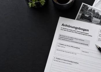 Anhörungsbogen wegen eines Blitzerverstoßes auf einem dunklen Schreibtisch mit Messfoto, Briefumschlag und Kugelschreiber.