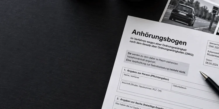 Anhörungsbogen wegen eines Blitzerverstoßes auf einem dunklen Schreibtisch mit Messfoto, Briefumschlag und Kugelschreiber.