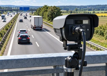 Video-Abstandsmessung mit Verkehrskamera über einer Autobahn zur Kontrolle des Sicherheitsabstands