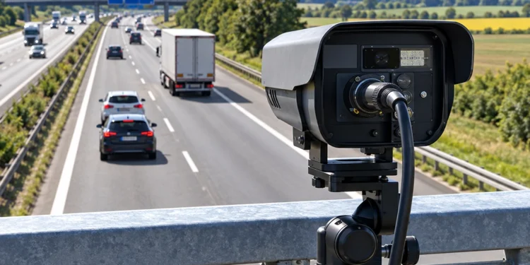 Video-Abstandsmessung mit Verkehrskamera über einer Autobahn zur Kontrolle des Sicherheitsabstands