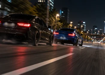 Zwei sportliche Fahrzeuge liefern sich nachts auf einer städtischen Straße ein illegales Autorennen