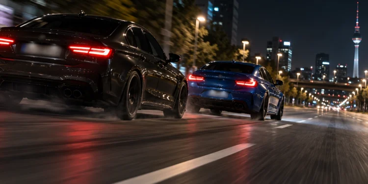 Zwei sportliche Fahrzeuge liefern sich nachts auf einer städtischen Straße ein illegales Autorennen