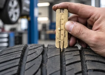 Reifenprofiltiefe mit mechanischem Profiltiefenmesser in einer Kfz-Werkstatt messen