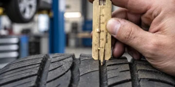 Reifenprofiltiefe mit mechanischem Profiltiefenmesser in einer Kfz-Werkstatt messen