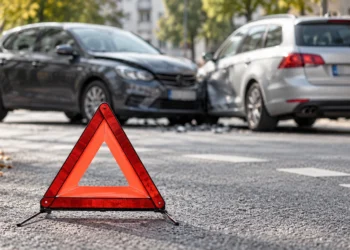 Warndreieck vor zwei beschädigten Fahrzeugen nach einem Verkehrsunfall zur Schuldfrage und Haftungsquote