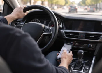 Blick vom Beifahrersitz auf einen Autofahrer, der die linke Hand am Lenkrad hat und mit der rechten Hand ein Smartphone über der Mittelkonsole hält und bedient, während vor dem Fahrzeug dichter Stadtverkehr zu sehen ist.
