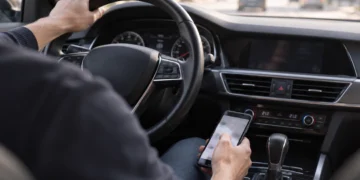Blick vom Beifahrersitz auf einen Autofahrer, der die linke Hand am Lenkrad hat und mit der rechten Hand ein Smartphone über der Mittelkonsole hält und bedient, während vor dem Fahrzeug dichter Stadtverkehr zu sehen ist.