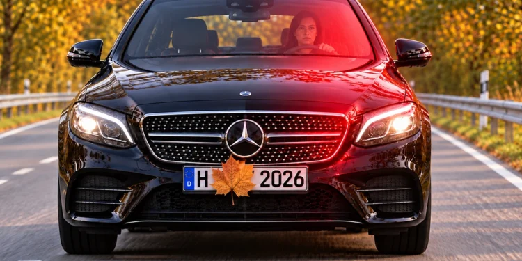 Schwarzer Mercedes fährt auf einer Herbstallee und wird geblitzt, ein Ahornblatt verdeckt einen Teil des Kennzeichens.