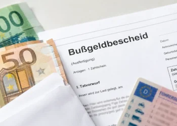Bußgeldbescheid mit Euro-Banknoten und Führerschein als Symbolbild für Bußgeldverfahren, Einspruch und Fristen 2026