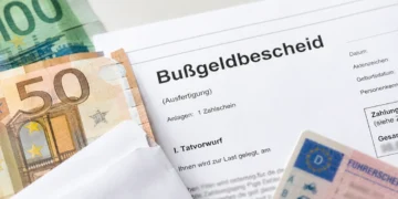 Bußgeldbescheid mit Euro-Banknoten und Führerschein als Symbolbild für Bußgeldverfahren, Einspruch und Fristen 2026