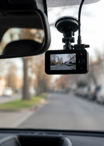 An der Windschutzscheibe montierte Dashcam im Auto mit Blick auf eine unscharfe Straße im Stadtverkehr
