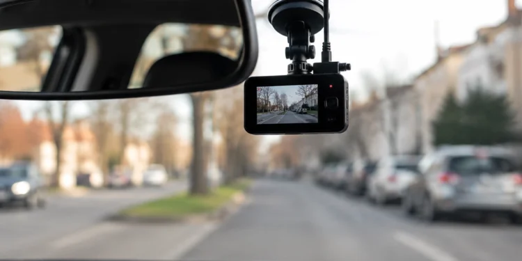 An der Windschutzscheibe montierte Dashcam im Auto mit Blick auf eine unscharfe Straße im Stadtverkehr