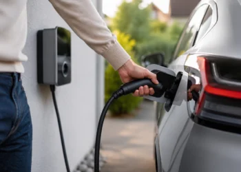 Person lädt ein Elektroauto an einer privaten Wallbox vor einem Wohnhaus