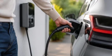 Person lädt ein Elektroauto an einer privaten Wallbox vor einem Wohnhaus