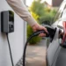 Person lädt ein Elektroauto an einer privaten Wallbox vor einem Wohnhaus