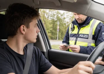 Junger Fahranfänger bei einer Polizeikontrolle im Auto während der Probezeit