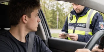 Junger Fahranfänger bei einer Polizeikontrolle im Auto während der Probezeit