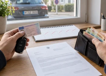 Führerschein, Autoschlüssel, Geldbörse und ein amtlicher Bescheid liegen auf einem Schreibtisch