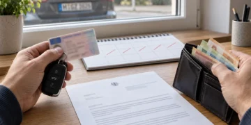 Führerschein, Autoschlüssel, Geldbörse und ein amtlicher Bescheid liegen auf einem Schreibtisch