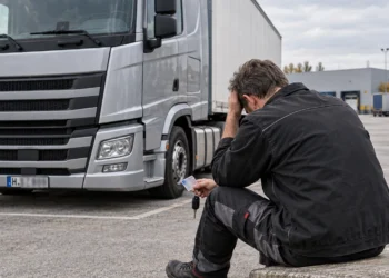 Berufskraftfahrer sitzt vor der Zugmaschine seines Lastwagens und stützt den Kopf in die Hand