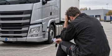 Berufskraftfahrer sitzt vor der Zugmaschine seines Lastwagens und stützt den Kopf in die Hand