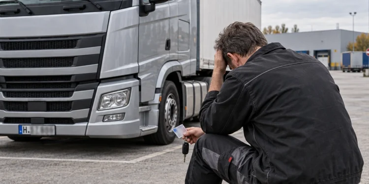 Berufskraftfahrer sitzt vor der Zugmaschine seines Lastwagens und stützt den Kopf in die Hand
