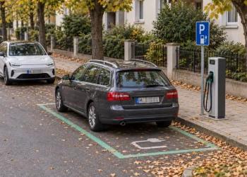 Kombi mit Verbrennungsmotor steht auf einem grün markierten Stellplatz an einer Ladesäule
