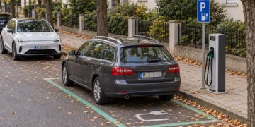 Kombi mit Verbrennungsmotor steht auf einem grün markierten Stellplatz an einer Ladesäule