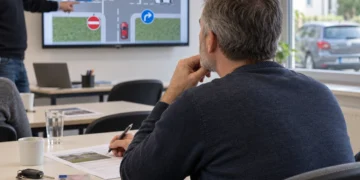 Teilnehmer eines Fahreignungsseminars verfolgt eine Präsentation mit Verkehrssituationen