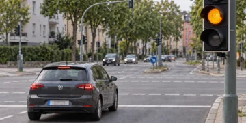 Dunkler Kompaktwagen rollt auf eine innerstädtische Kreuzung zu, die Ampel am rechten Fahrbahnrand zeigt Gelb.