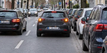 Auto steht mit eingeschaltetem Warnblinker in zweiter Reihe neben parkenden Fahrzeugen