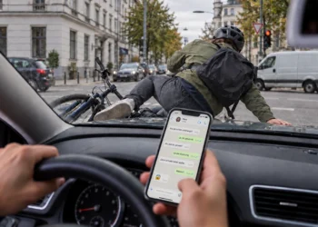 Radfahrer liegt nach einem Zusammenstoß auf der Motorhaube, der Fahrer hält noch sein Smartphone mit geöffnetem Chat in der Hand