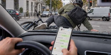 Radfahrer liegt nach einem Zusammenstoß auf der Motorhaube, der Fahrer hält noch sein Smartphone mit geöffnetem Chat in der Hand