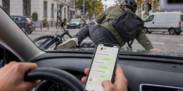 Radfahrer liegt nach einem Zusammenstoß auf der Motorhaube, der Fahrer hält noch sein Smartphone mit geöffnetem Chat in der Hand