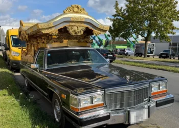 Schwarzer Cadillac Brougham mit vergoldetem japanischem Tempelaufbau auf dem Heck, abgestellt an einer Straße in einem Gewerbegebiet.