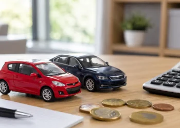 Zwei unterschiedliche Spielzeugautos neben Euro-Münzen und Taschenrechner als Symbolbild für Kosten und Vergleich bei der Kfz-Versicherung