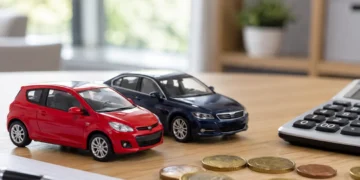 Zwei unterschiedliche Spielzeugautos neben Euro-Münzen und Taschenrechner als Symbolbild für Kosten und Vergleich bei der Kfz-Versicherung